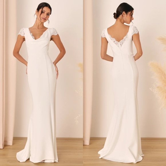 NWT Lulus Forever Beloved White Lace Cap Sleeve Mermaid Maxi Dress
